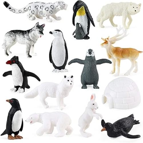 RCOMG Arctic Animals Figures, 14pcs Mini Polar Animal Figurines, Plastic Arctic Animal Toys Set with Arctic Fox Wolf Reindeer Penguins Toys