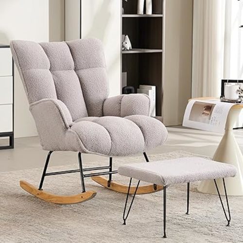 Nursery Rocking Chair With Ottoman, Upholstered Teddy Glider Rocker for Nursery(2pcs/set), Modern Rocking Reading Grey Glider Chair for Bedroom, Nursing, Living Room - - Suit for lady below 5'7"