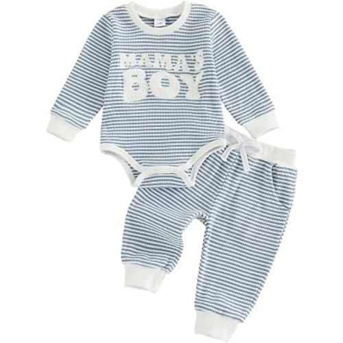 KMBANGI Baby Boy Waffle Knit Set Newborn Long Sleeve Letters Embroidered Romper Pants Infant 2 Piece Fall Winter Clothes
