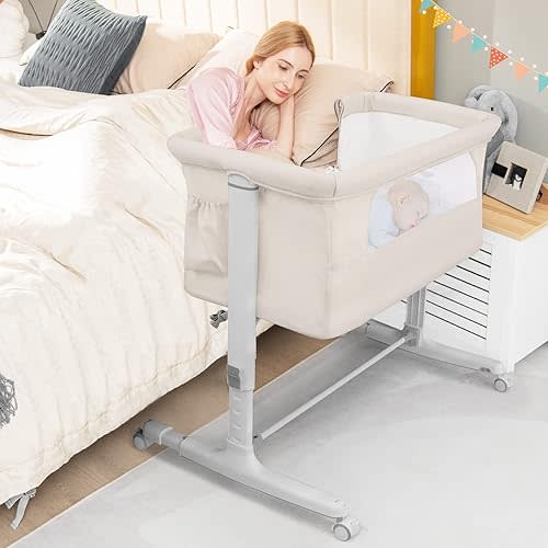 BABY JOY Bassinet Bedside Sleeper, 3 in 1 Folding Crib w/Adjustable Height, Mattress, Lockable Wheels, Storage Pocket & Carry Bag for Infant Newborn, Stationary & Rock, Portable Baby Bassinet (Beige)