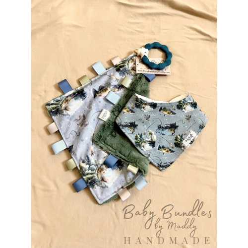 Bass Fishing Minky Tag Lovey and Drool Bandana Set | Baby Boy Gift Set | Little Fishing Buddy | Blue Green Minky Lovey with Ribbon Loops