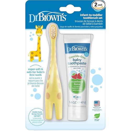Dr. Brown's Infant-to-Toddler Training Toothbrush Set with Fluoride-Free Baby Toothpaste, Strawberry - Giraffe - 1.4oz - 0-3 years