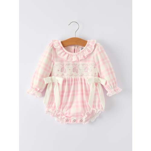 Pink Plaid Ruffle Ballet Shoe Embroidery Long Sleeve Romper – Rylee Faith Designs