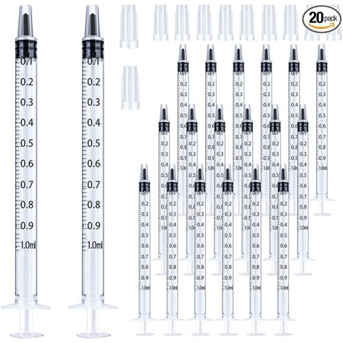 20 Pack 1ml Syringe with Cap for Liquid, 1cc Plastic Small Syringes with Cover, Non-Sterile, No Needle
