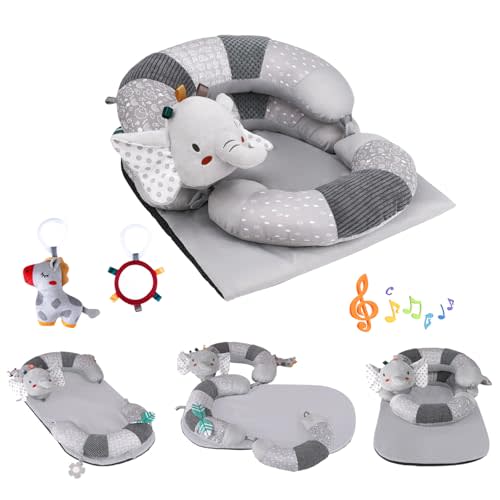 Blublu Park 3-in-1 Tummy Time Pillow and Seated Support Playmat with Detachable Early Sensory Toys for Infant, Sitting Support to Prevent Reflux, Portable Gifts for Newborn Boys and Girls (Grey)