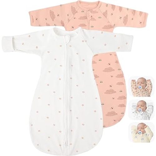 Paquete de 2 sacos de transición para envolver con mangas largas con brazos arriba y puños tipo manopla, saco para dormir con cremallera de 2 direcciones, manta envolvente usable para recién nacidos