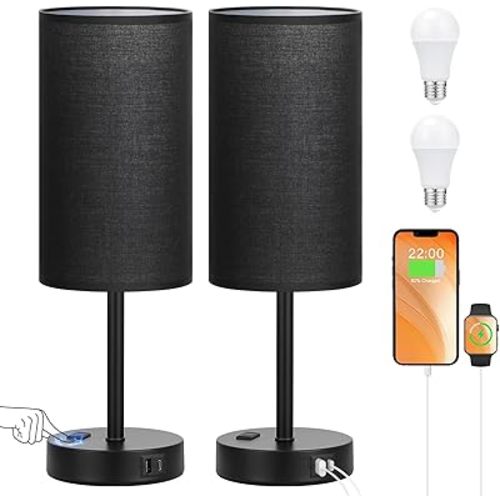 17.4inches Tall Black Touch Table Lamps Set - 3 Way Dimmable Bedside Lamps with USB C and A Ports, Small Lamps for Nightstand with AC Outlet, Round Flaxen Shade for Desk, Office, Dorm, Nursery