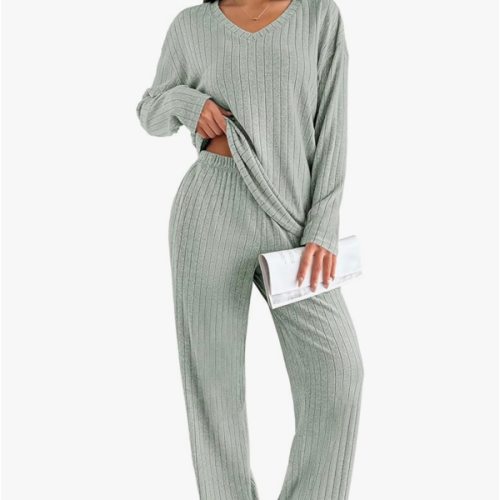 Ekouaer Lounge Sets for Women Long Sleeve Knit Ribbed Pajama Sets 2 Piece Casual Loungewear with Pockets
