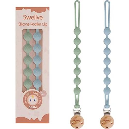 Pacifier Clips for Baby Boys Girl, 2 Pack Pacifier Holder Clips, One-Piece Binky Clips, Wooden Clips Design, Soothe Paci Clip Baby Binky Holder for Shower and Birthday Gift (Sage+Ether)