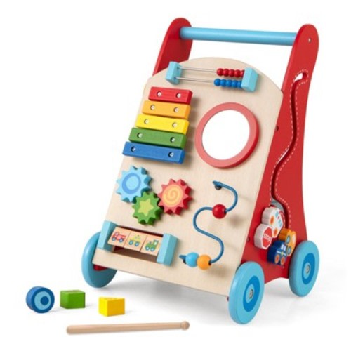 Wooden Baby Push Walker with Handle and Storage Compartment, Multi-colored