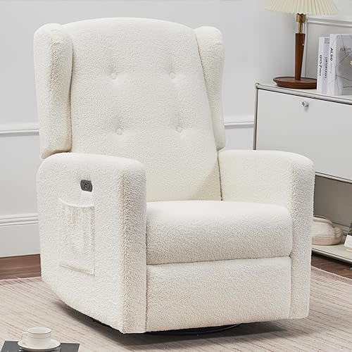 Power Swivel Rocking Recliner Chair, High Back Electric Rocker Nursery Glider Chair, USB and Type-C Ports, Upholstered Teddy Fabric Reclining Single Sofa Chair for Living Room (Teddy Beige)