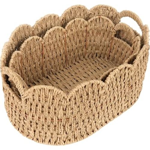 iEGrow Paper Rope Scalloped Basket, Set of 2 Woven Storage Wicker Baskets with Handle for Organizing and Shelves, Cute Boho Oval Baby Baskets for Decor, Towel, Toys, Nursery, Book, Gift Natural