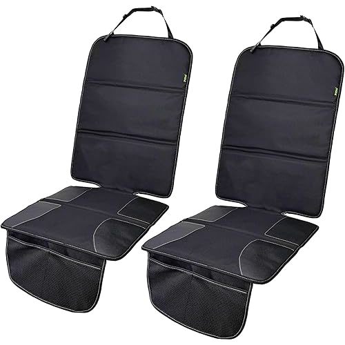 PIDO Car Seat Protector for Child Car Seat with Thick Padding and Storage Pockets, 2 Pack Seat Cover Protector Mats, Full Coverage Vehicle Seat Protection, Black with White Stitching
