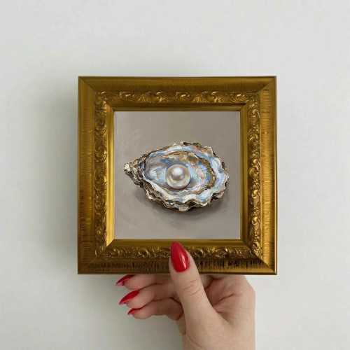 Pearl Oyster Oil Painting Coastal Wall Art Beach House Decor, Original Mini Oil Artwork