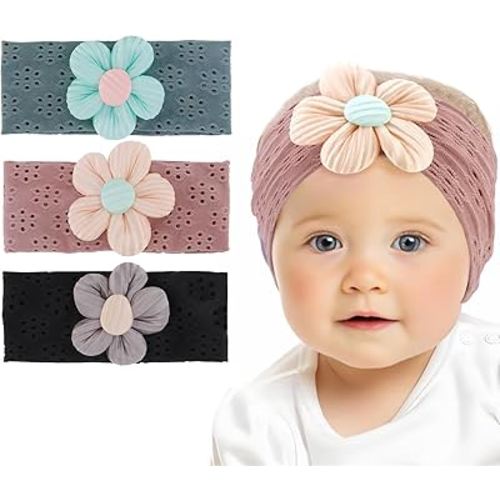 CUBACO 3 Colors Breathable Baby Flower Headbands for Baby Girl Newborn Essentials Baby Shower Nylon Soft Headband Hair Accessories for Newborn Infant Toddler(Black,Green,Deep Purple)