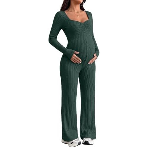 BLENCOT Maternity Ribbed Jumpsuit Long Sleeve Square Neck Stretchy One Piece Romper Pregnancy Outfits