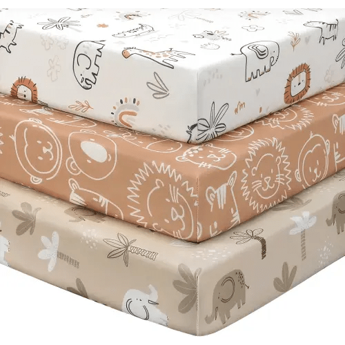 Baby Mini Crib Sheets Boy, Portable 38”x26” Pack and Play Sheets Fitted for Playard and Pack N Play Mattress, 3-Pack Soft Microfiber Orange Animal World