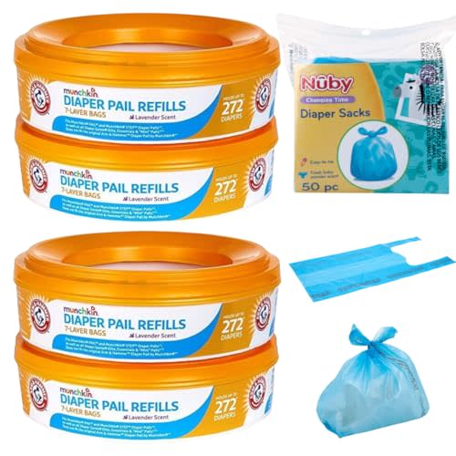 Munchkin A&H Diaper Pail Refill Rings, 4-Pack Holds Up to 1,088 Diapers Total + 50 Diaper Sacks, Lavender Scent, 7-Layer Bags,