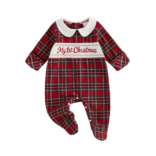 Amnnchya Baby Boy Girl Christmas Outfit Newborn Long Sleeve Footies Romper | My First Christmas Embroidery Round Neck Plaid Print Jumpsuit Infant Coming Home Outfit Cute One Piece Fall Winter Clothes