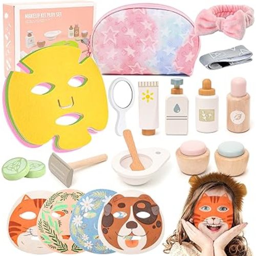 Wooden Makeup Set, Kids Pretend Beauty Salon Toys, Skin Care Learning Toys with Facial Cleanser, Mirror, Face Mask, Play Spa Set for Toddler 3 4 5 6 7+ Year Old Girls Christmas Birthday Gifts