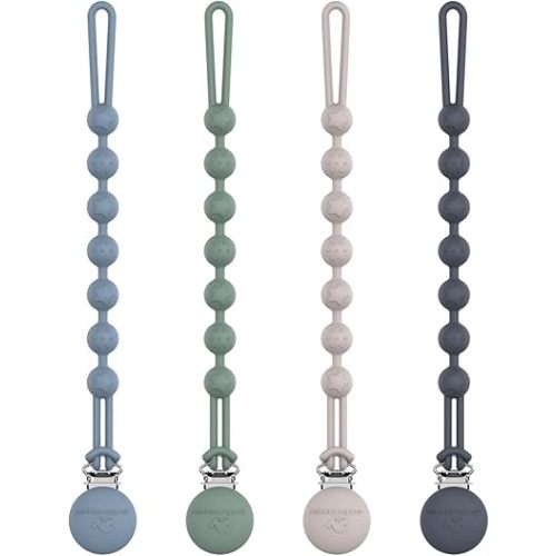 Cuddle Campus Silicone Pacifier Clip Holder with One Piece Design,Soft Flexible Binky Clips with Texture for Baby Boy and Girl Pack of 4 (6m+)