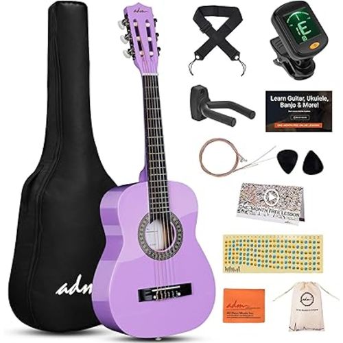 ADM Beginner Acoustic Classical Guitar 30 Inch Nylon Strings Wooden Guitar Bundle Kit for Kid Boy Girl Student Youth Guitarra Online Lessons with Gig Bag, Strap, Tuner, Strings, Picks, Purple