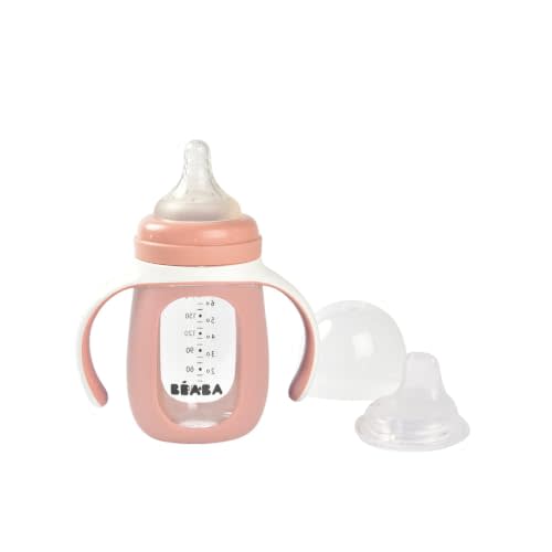 BEABA 2-in-1 Glass Baby Bottle to Glass Transition Sippy Cup, Spill Proof Sippy Cup, Toddler Baby Bottle with Soft Silicone Nipple and Spout, 7 oz (Rose)