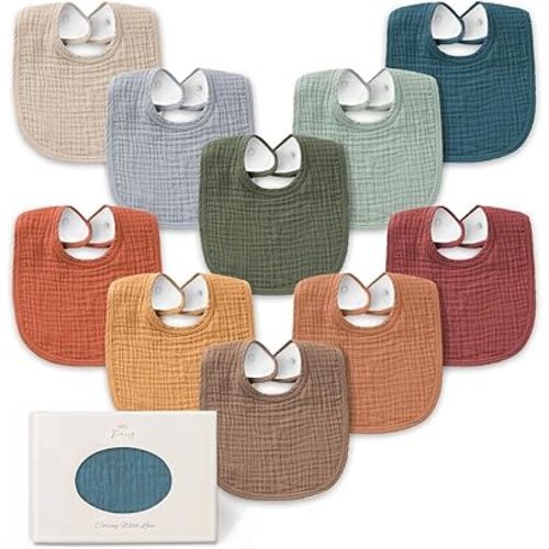 Konssy 10-Pack Muslin Baby Bibs, Soft Cotton Bandana Bibs for Drooling & Teething, Unisex Solid Colors for Boys & Girls, Newborn & Infant