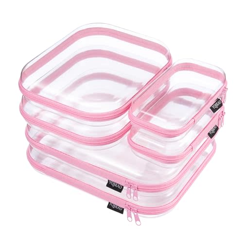 YQBRAO 6 Pack Soft Pink Clear Hard Shell Zipper Case, 1.2mm Crush-Proof Makeup Bag & Skincare Organizer, Heavy Duty Travel Pouches for Toiletries, Art Supplies & Daily Carry (2L+2M+2S)