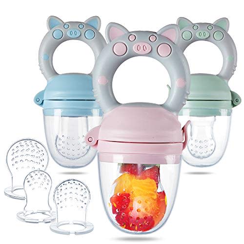 Eco inspired Baby Feeder - Baby Fresh Food Feeder & Teething Fruit Pacifier for Teething Baby with Different Size of Silicone Pouch and Dust Caps 3 Pack