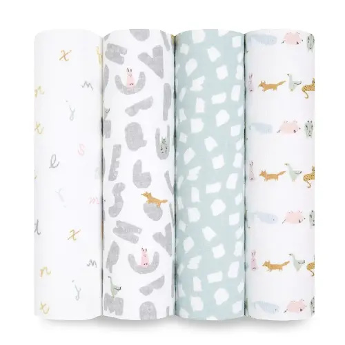 aden + anais Essentials Swaddle Blanket, Muslin Blankets for Girls & Boys, Baby Receiving Swaddles, Ideal Newborn & Infant Swaddling Set, Perfect Shower Gifts, 4 Pack, Alphabet Animals