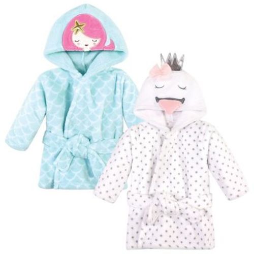 Hudson Baby Infant Girls 2Pc Plush Animal Face Bathrobe, Mermaid Swan, 0-9 Months