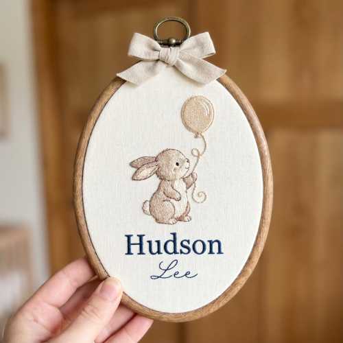 Baby Shower Gift Bunny Name Hoop, Embroidered Balloon Bunny Linen Nursery Art, Custom Baby Name Sign, New Baby Boy Neutral Keepsake Gift