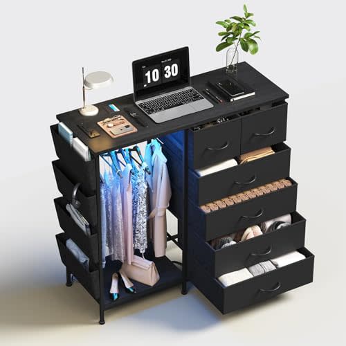 WODRAWER 6 Drawer Dresser for Bedroom with Clothes Rack, Clothes Dresser with Side Pockets and Hooks, Charging Station & LED Lights, Wooden Top, Fabric Storage (Black)