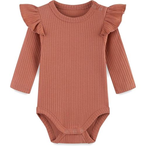 Baby Girl Knit Ruffle Outfit Clothes Ribbed 100% Organic Cotton Solid Color Long Sleeve Romper Clothes 0~24M