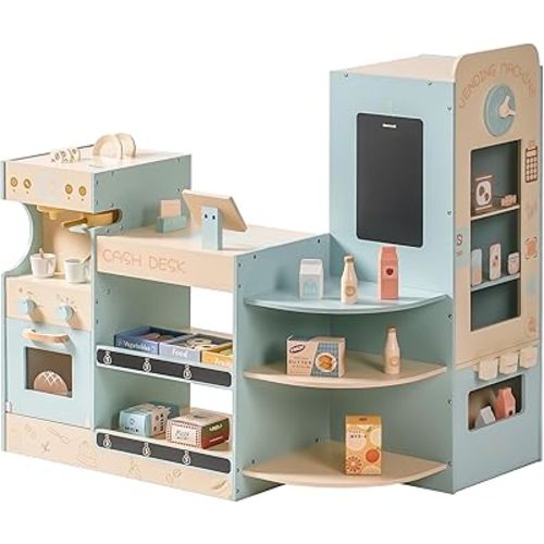 ROBOTIME Wooden Grocery Store Playset for Kids, Pretend Supermarket with Cash Register and Vending Machine, Grocery Toy Set for Toddler Boys and Girls