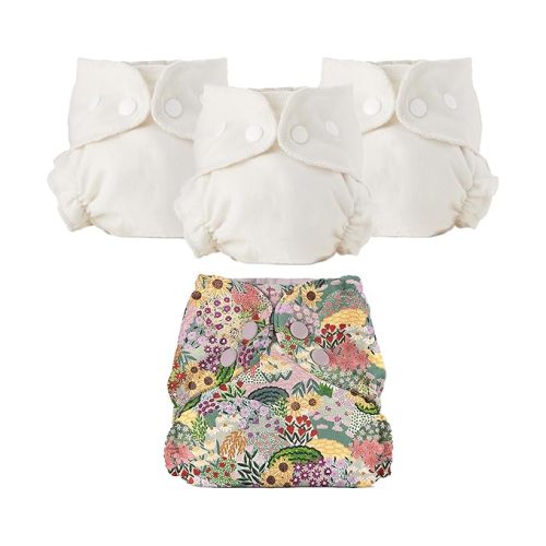 Esembly Cloth Diaper Bundle Set - 3 Organic Cotton Absorbent Inners and 1 Waterproof Outer Diaper Cover - Reusable, Washable, Snap Closure Cloth Diapers - Size 1 (7-17lbs), Botanic Gardens