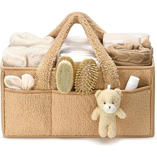 HJB VISSO Baby Diaper Caddy Organizer, Nappy Caddy Storage Basket for Wipes, Portable Nursery Diaper Organizer (Beige)