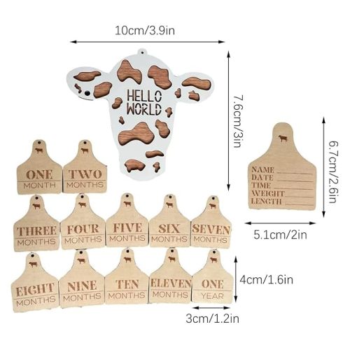 14 PCS Wooden 3D Cow Themed Baby Monthly Markers Birth Announcement, Wooden Milestone Baby Announcement Monthly Sign Perfect for Newborn to Age 1, New Mom Gift Ideas (A)