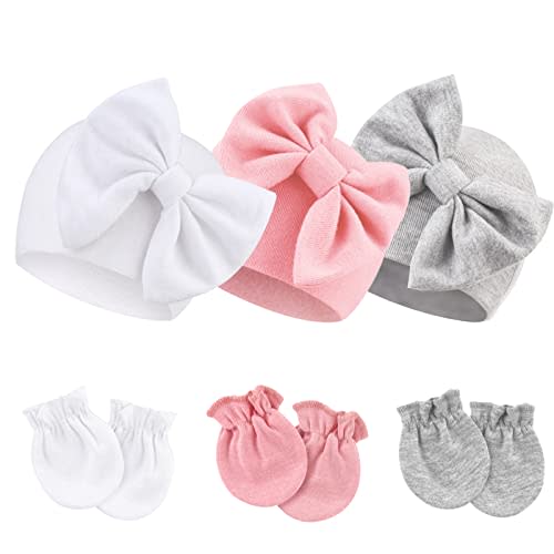 BQUBO Newborn Girls Hats Baby Hat and Mittens Set Infant Caps Bow Hospital Beanie with No Scratch Mittens for Baby Boys Girls