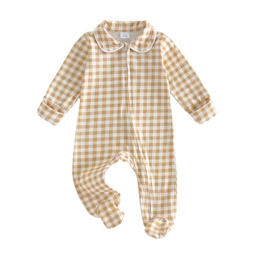 Seyurigaoka Newborn Baby Boy Girl Clothes Striped Footed Romper Peter Pan Collar Zipper Jumpsuit Going Home Outfit