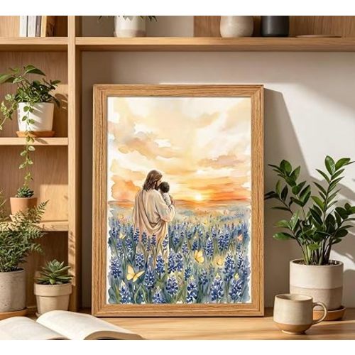 Framed Jesus Canvas Wall Art Jesus Holding Child In The Flower Patch Wall Decor Baby Being with Jesus Painting Picture Christian Faith Poster Print Artwork for Nursery Church Prayer Room