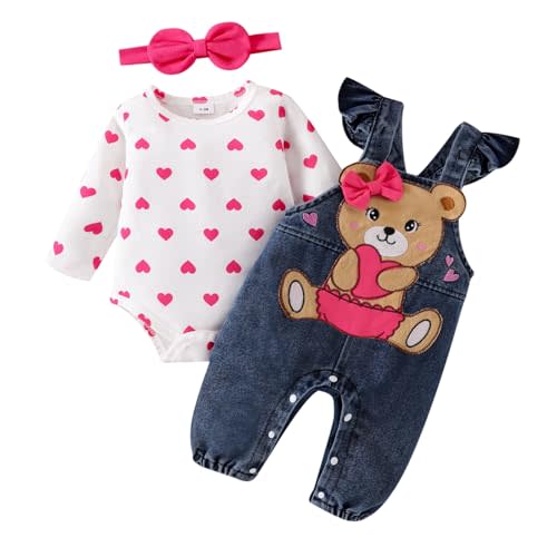 TOKIAGO Baby Girl Clothes Outfits Fall Winter Cute Love Romper Bear Cartoon Overalls Jeans Pants Headband Set 0-18 Months