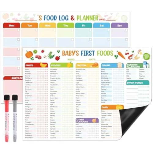 2 Pack Baby First Foods Checklist, 14x10"Baby Food Chart with 2 Dry Erase Markers, Magnetic Baby's Food Checklist & Daily Food Log Meal Planner, Baby’s First 100 Foods Tracker Magnet for Fridge