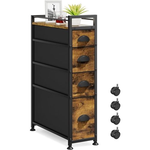 LASZOLA 4 Drawer Narrow Dresser Slim Cabinet Skinny Storage Tower Chest, Ideal for Small Spaces Bathroom Bedroom, Between Washer and Dryer, Lightweight Mobile on Wheels, Sturdy Fabric Drawers, Brown