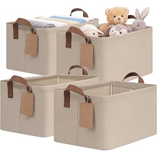 CHICVITA 4 Pack Storage Baskets for Shelves, Foldable Closet Organizer Bins with Handles, Toy Storage Basket for Nursery Living Room, 14.8" x 10.3" x 8.3", Brown