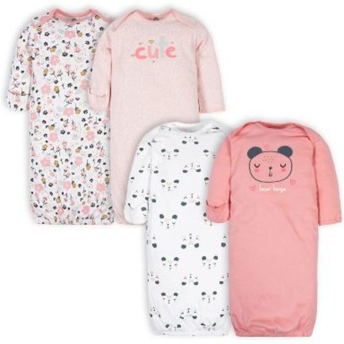 Gerber Baby Girls' Long Sleeve Gowns with Mitten Cuffs - 4-Pack, Bear, Preemie