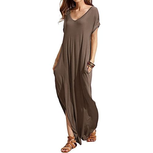 Match Women's V-Neck Casual Loose Short Sleeve Long T-Shirt Dress Split Maxi Dress with Side Pocket
