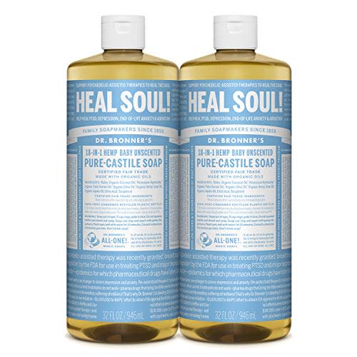 Dr. Bronner’s - Pure-Castile Liquid Soap (Baby Unscented, 32 ounce, 2-Pack) - Made with Organic Oils, 18-in-1 Uses: Face, Hair, Laundry and Dishes, For Sensitive Skin and Babies, No Added Fragrance