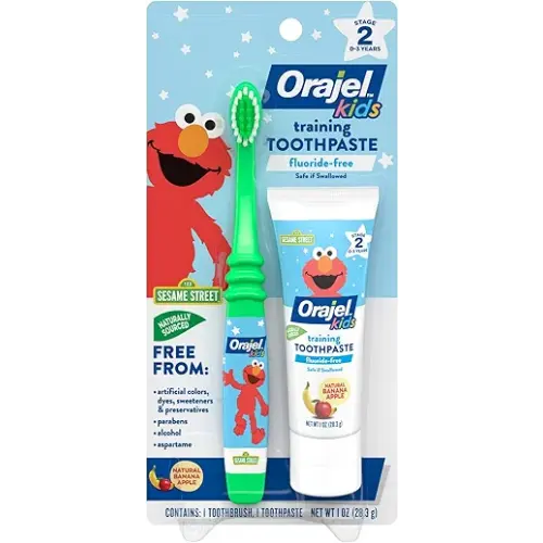 Orajel Naturals Fluoride-Free Toothpaste and Toothbrush for Ages 0-3, 1 Oz | Featuring Sesame Street, Training Toothpaste, For Babies and Toddlers, #1 Pediatrician Recommended Fluoride-Free Toothpaste